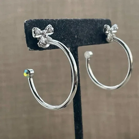 Guess Women Earrings Silver Tone Crystal Bow Hoops Jack Post New - Picture 2 of 11